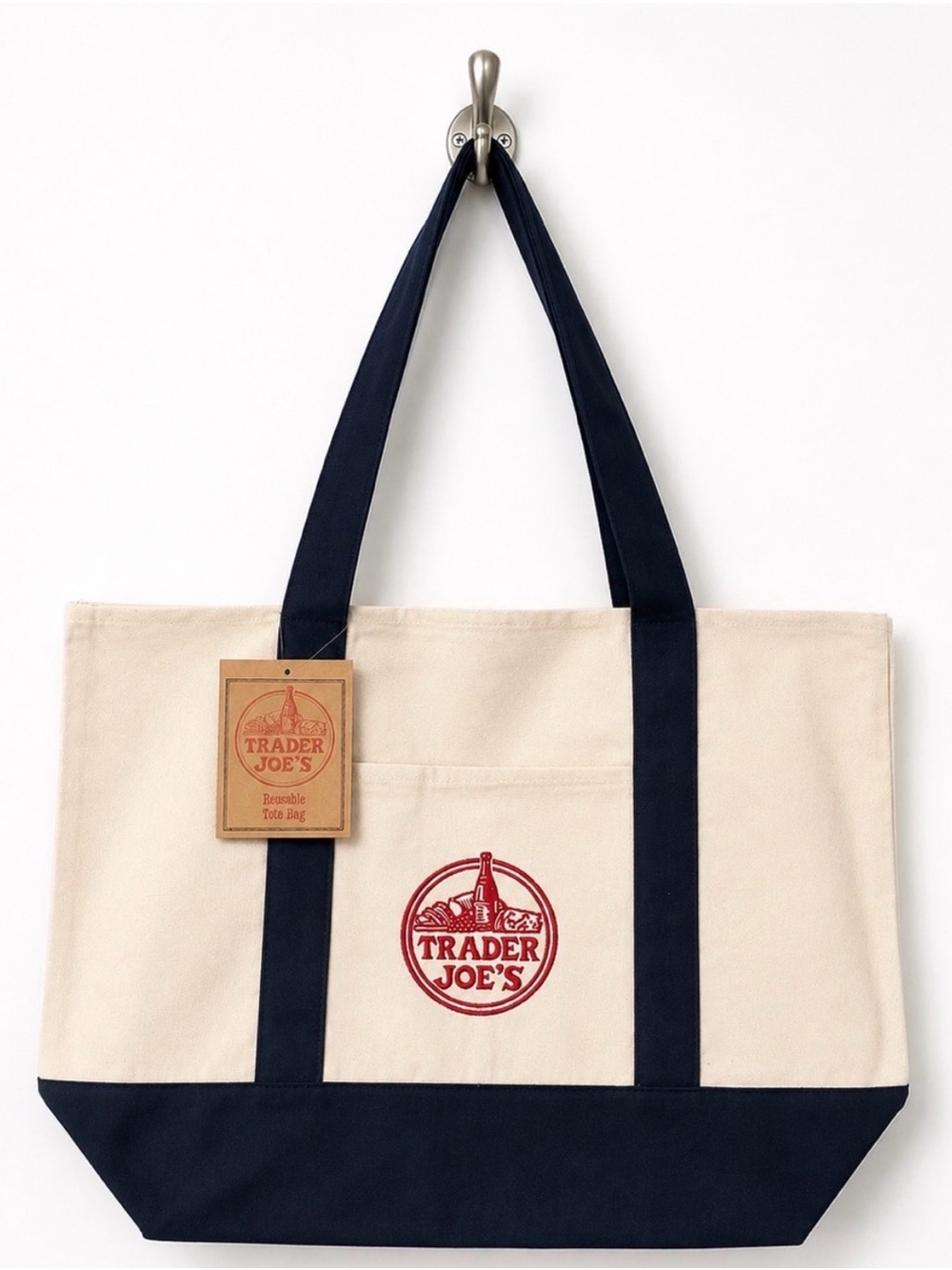 Trader Joe’s Classic Large Cream & Navy Embroidered Canvas Tote Bag